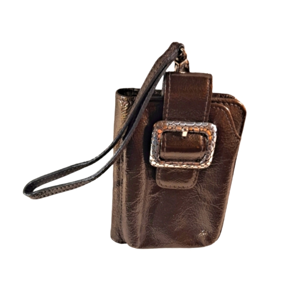 BRIGHTON Metallic Pewter Patent Leather Phone Wallet Wristlet